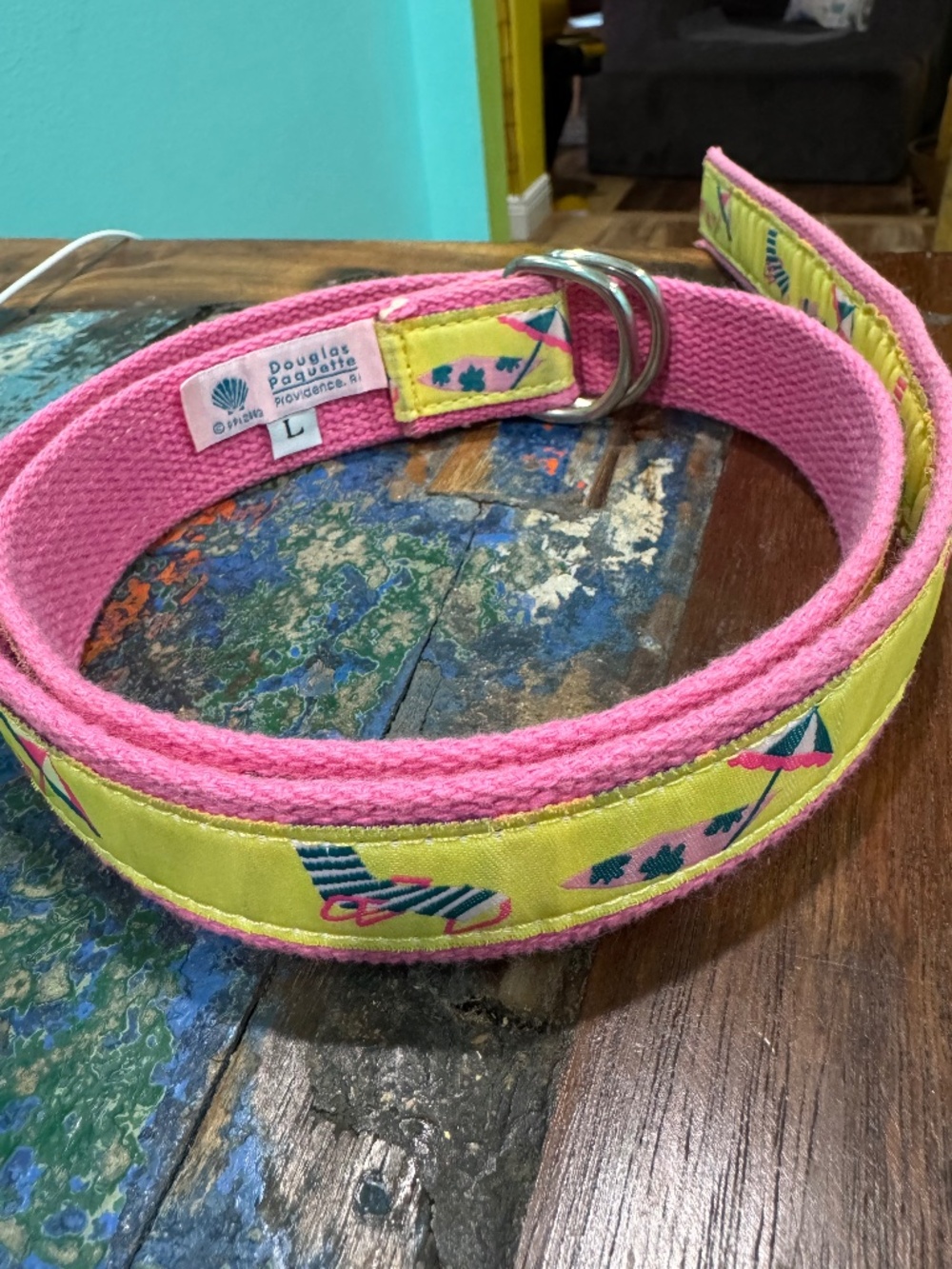 Douglas Paquette Beach Chair, Towel and Umbrella Yellow/Pink Belt Size Large